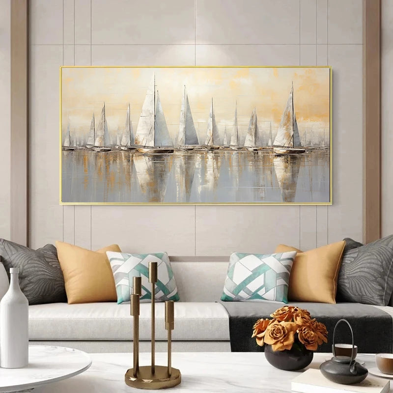 Luxury White Sailboats Abstract Art Nautical Seascape Canvas Painting Poster Print Wall Picture for Living Room Home Decoration
