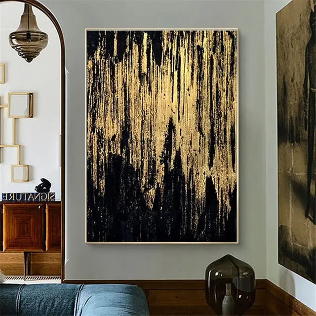 Modern Wall Poster  Hand Drawn Abstract Oil Painting on Canvas with Gold Foil for Living Room Decor