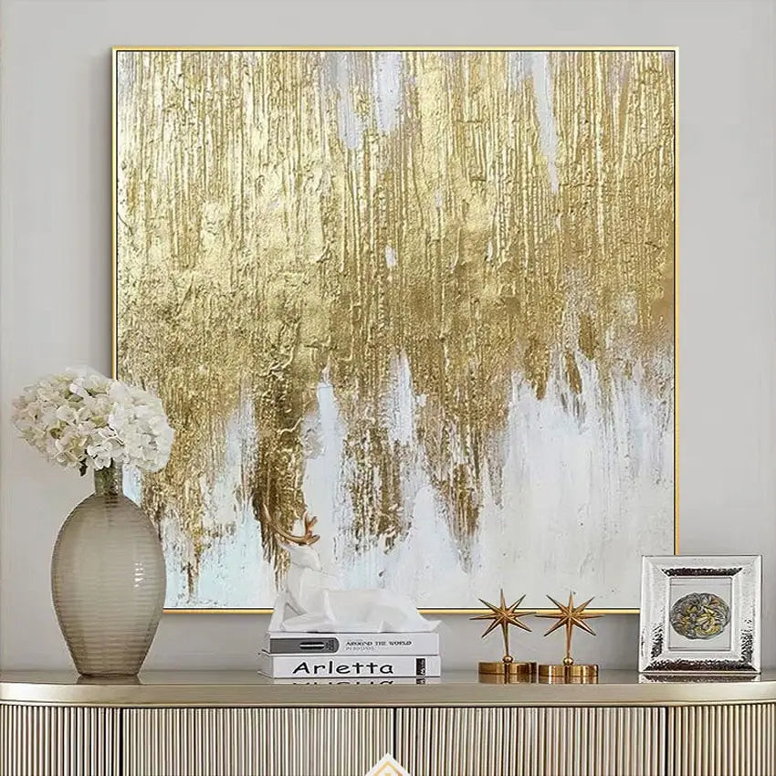 Modern Wall Poster  Hand Drawn Abstract Oil Painting on Canvas with Gold Foil for Living Room Decor