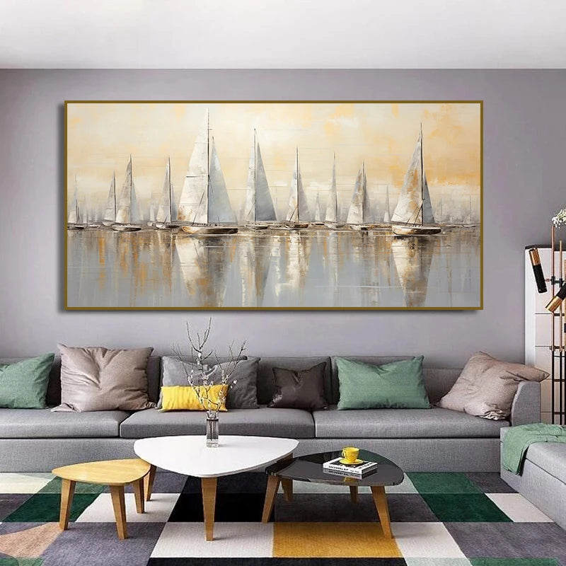 Luxury White Sailboats Abstract Art Nautical Seascape Canvas Painting Poster Print Wall Picture for Living Room Home Decoration