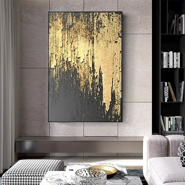 Modern Wall Poster  Hand Drawn Abstract Oil Painting on Canvas with Gold Foil for Living Room Decor