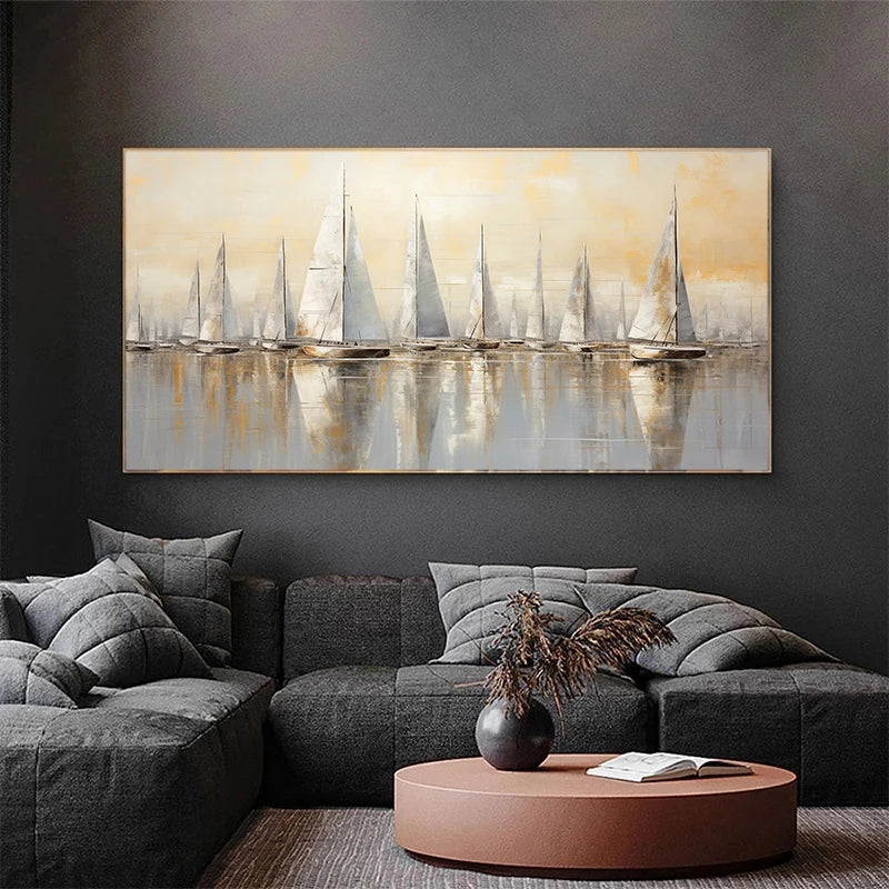 Luxury White Sailboats Abstract Art Nautical Seascape Canvas Painting Poster Print Wall Picture for Living Room Home Decoration