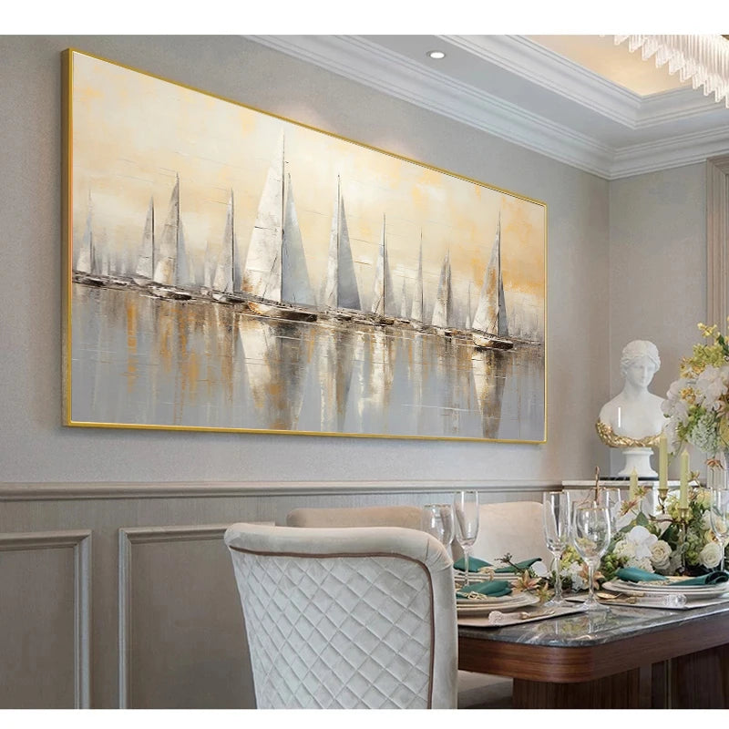 Luxury White Sailboats Abstract Art Nautical Seascape Canvas Painting Poster Print Wall Picture for Living Room Home Decoration