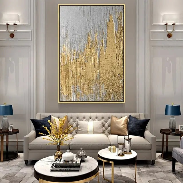 Modern Wall Poster  Hand Drawn Abstract Oil Painting on Canvas with Gold Foil for Living Room Decor