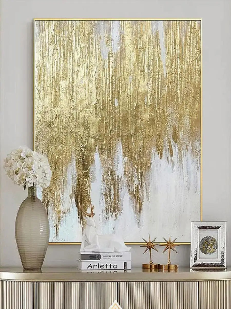 Modern Wall Poster  Hand Drawn Abstract Oil Painting on Canvas with Gold Foil for Living Room Decor